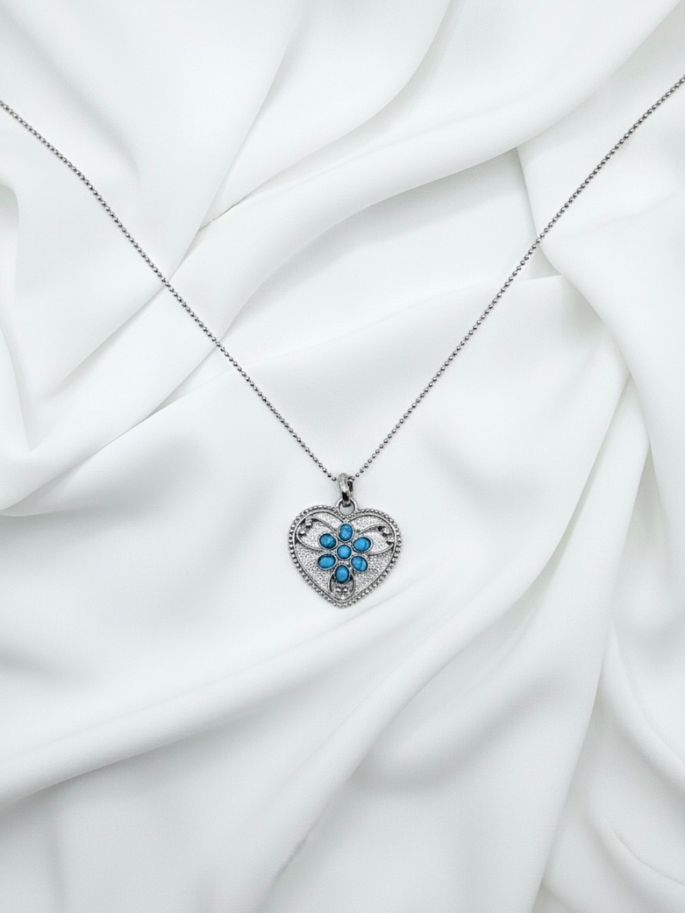 Silver-Tone Heart Pendant Necklace with Turquoise Blue Floral Stones - Picture 2 of 4